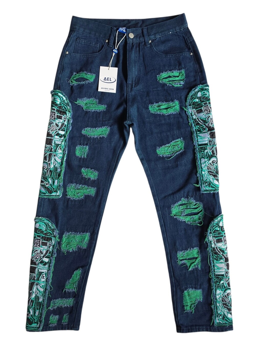 NWT Aelfric Eden Gothic Cathedral Jeans Forest Fusion Green / Blue Unisex Sz 30
